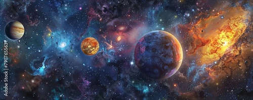 A vibrant cosmic scene depicts a celestial with planets, stars