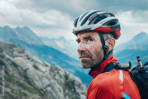 A cyclist pauses, mountains looming in the backdrop, embodying determination © Slepitssskaya