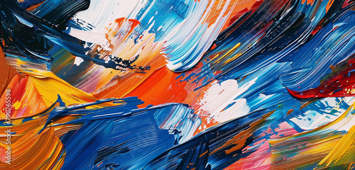 Bold brushstrokes of oil paints intertwining to form a dynamic and expressive abstract artwork on canvas.