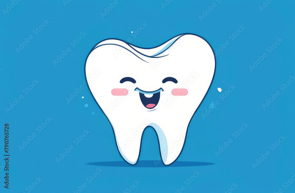 funny smiling cartoon character of white tooth on blue background. pediatric dentistry, stomatology. funny smiling cartoon character of white tooth on blue background. pediatric dentistry, stomatology.
