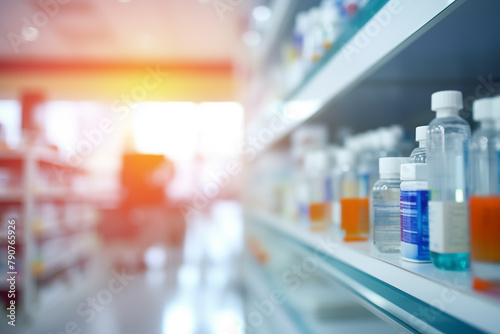 The shelves of medicines are blurred in the interior of the pharmacy.