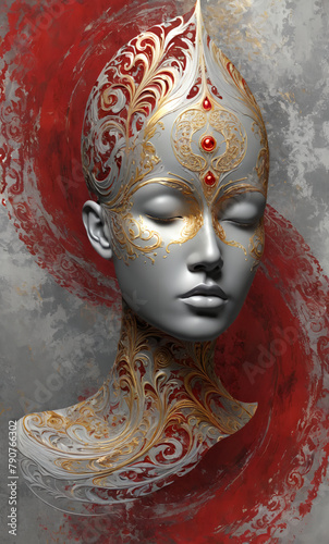abstract digital artwork featuring a figure with a grey tone and obscured face, with an elaborate, flowing structure emanating from the head area, consisting of intricate, swirling patterns
