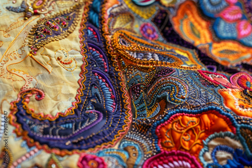 Exquisite embroidered textile showcasing vibrant colors and intricate patterns