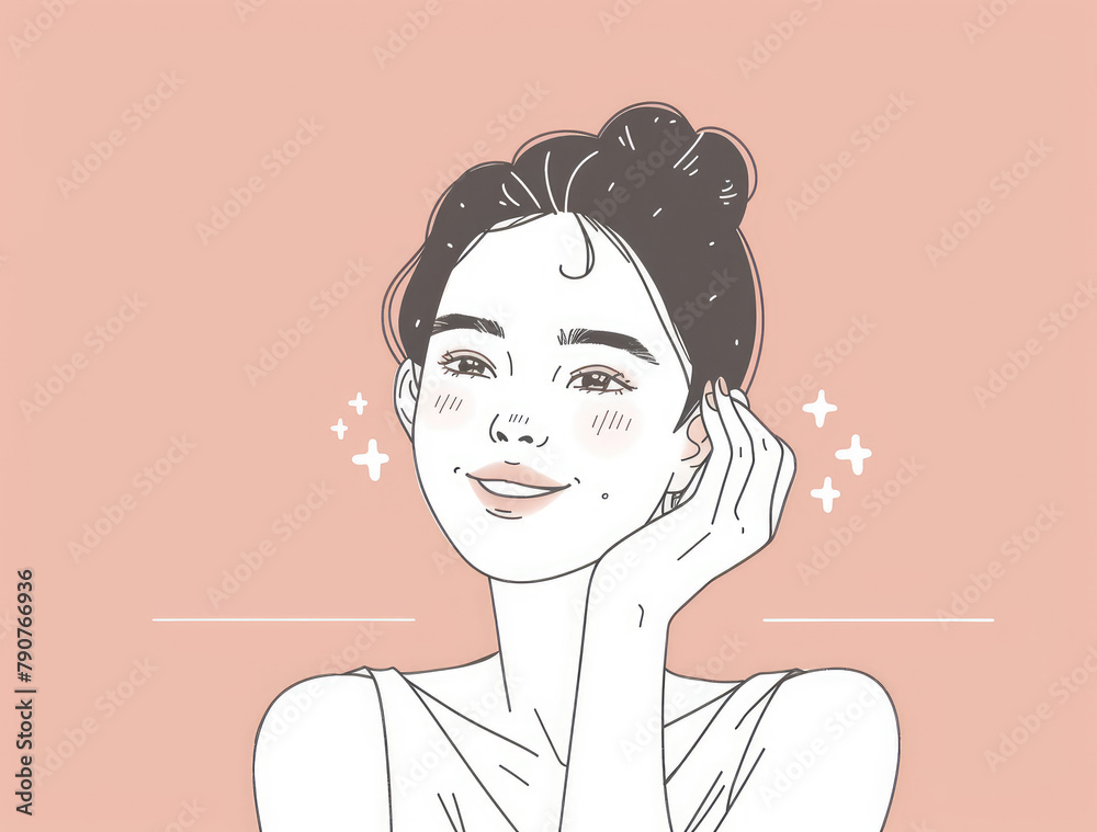 A simple line drawing of an Asian woman smiling and looking at her face in the mirror, holding one hand on her cheek to touch her skin, with a light pink background