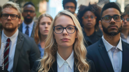 A group of business people standing in the street, mixed race men and women wearing suits with glasses looking at the camera, a blonde woman is the center of focus
