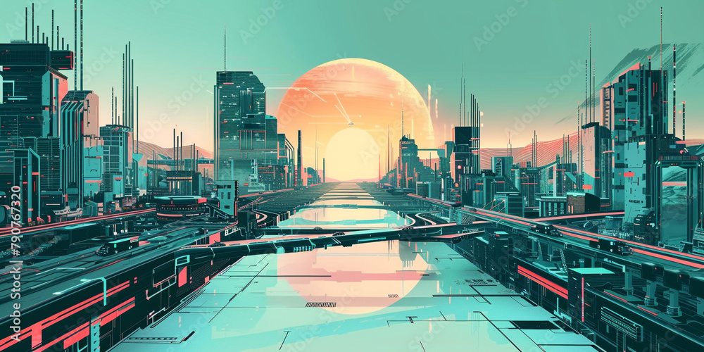 a vector artwork portraying a futuristic cityscape, blending advanced architecture and futuristic transportation systems 16k ultra HD resolution;' - obrazy, fototapety, plakaty 