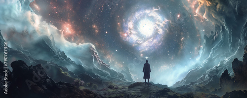 Man Standing Before Cosmic Galaxy in Surreal Landscape