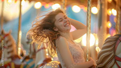 A gleeful woman riding a vintage carousel horse at a fair, her hair flying back as she smiles. Shallow depth of field, blurred background