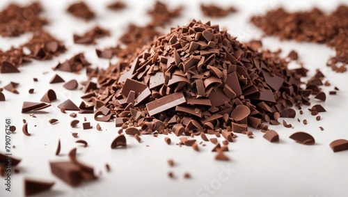 Pile chopped milled chocolate shavings isolated on white background 