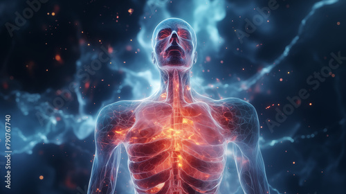 a conceptual image of experiencing heartburn, characterized by discomfort or burning sensation in the chest. The photo illustrates the symptoms of acid reflux and digestive issues. © atthameeni