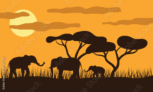 Elephants in Savannah Sunset Flat. Nature and exotic wildlife concept vector