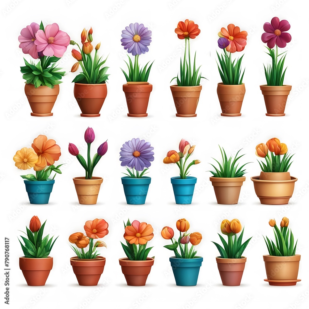 set of 3d flowers in pots vector icons