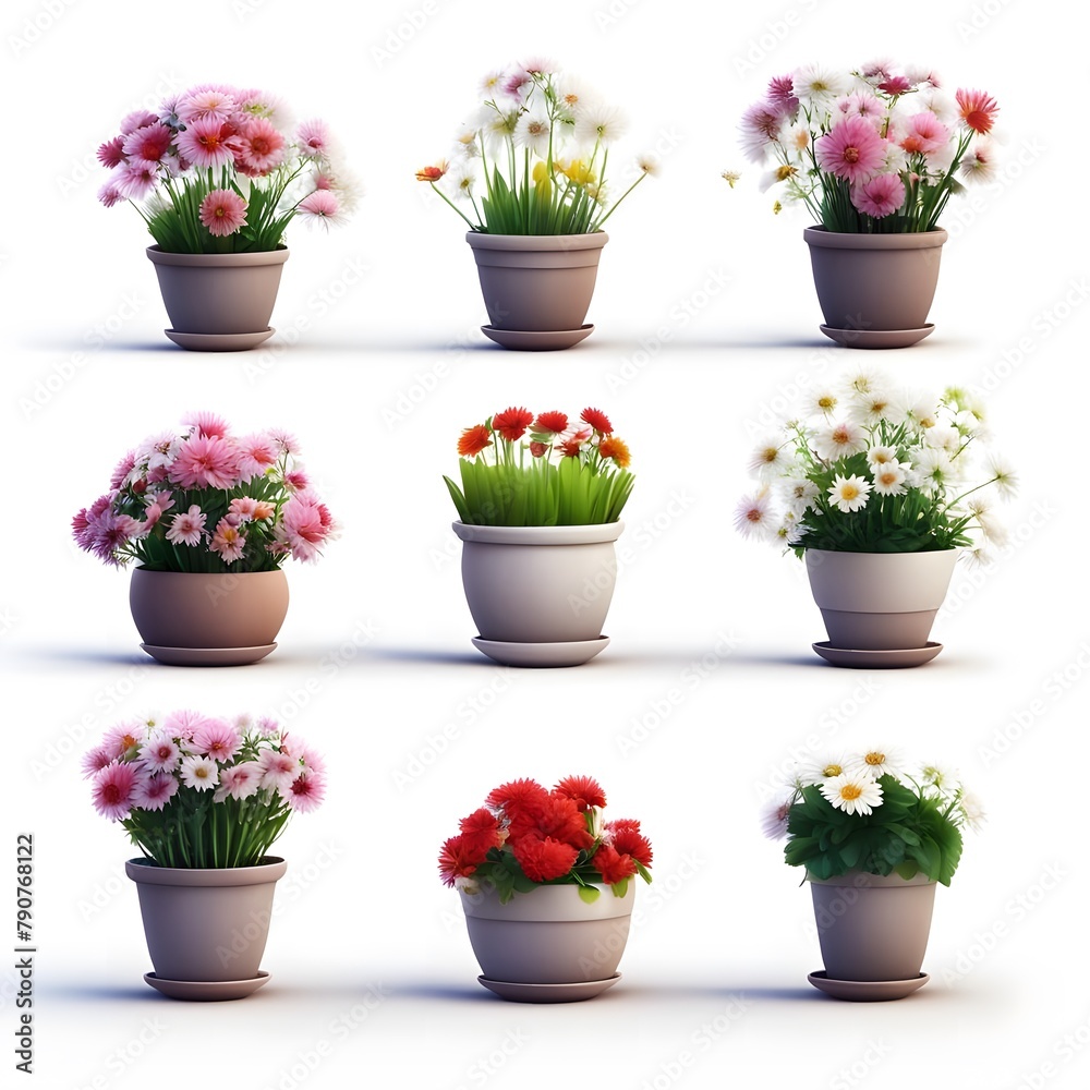 set of icons 3d flowers in pots on a white background