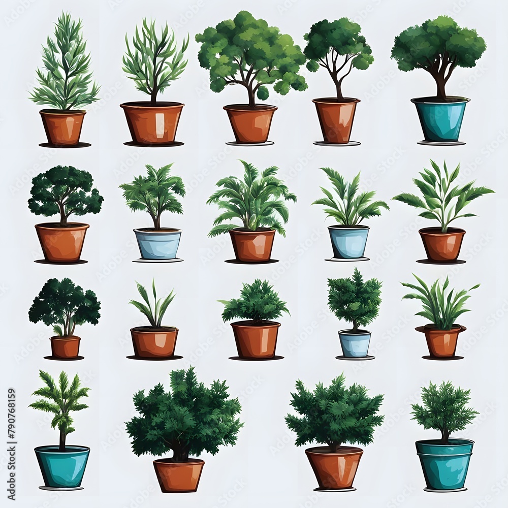 Fototapeta premium set of icons of plants in pots on a white background