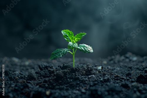 With focus on a young plant sprouting from nutrient-rich soil against a dark backdrop, this image symbolizes new beginnings