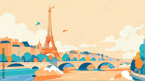 Landscape of paris, seine river bank and Eiffel tower
