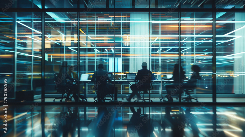 A group of business people working together in an office. Blurred motion with light trails on glass walls were visible in the background