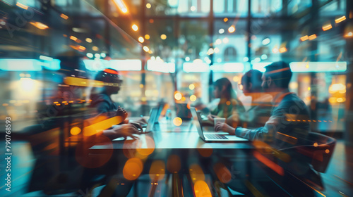 A group of business people working together in an office. Blurred motion with light trails on glass walls were visible in the background