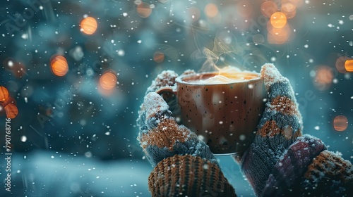 Female hands in warm mittens holding a cup of hot chocolate on a background of a winter forest