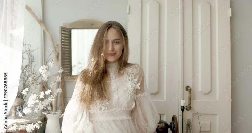 Portrait of beautiful fashionable woman with natural flawless skin, wearing vintage style dress. Spring beauty concept Portrait of beautiful fashionable woman with natural flawless skin, wearing vintage style dress. Spring beauty concept