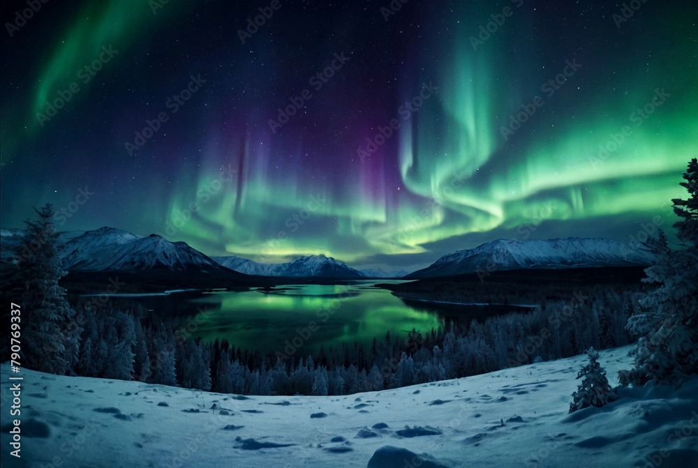 Scenery of green aurora borealis over snowy forest and northern mountains. Night winter nature woodland landscape with aurora, polar lights. Winter journey concept. Ai illustration. Copy ad text space