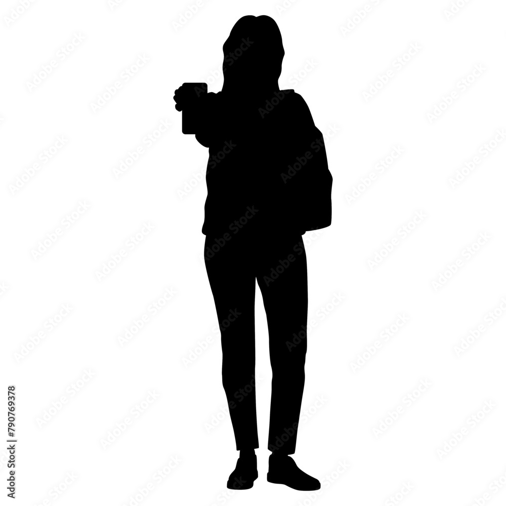 Silhouette of female student pointing at phone dressed in a loose sweater and jeans. Young woman with backpack showing her phone. Vector illustration isolated on white