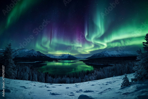 Scenery of green aurora borealis over snowy forest and northern mountains. Night winter nature woodland landscape with aurora, polar lights. Winter journey concept. Ai illustration. Copy ad text space