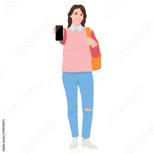 Young female student pointing at phone dressed in a loose sweater and jeans. Woman with backpack showing her phone. Vector illustration isolated on white 