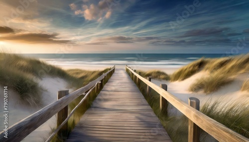 wooden way to the romantic beach at the sea with dunes and waves. AI Generative images