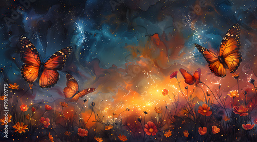 Floral Comet Trail: Dynamic Watercolor Painting of Fiery-winged Butterflies
