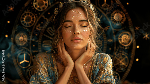 portrait about a woman seer with zodiac signs, Generative AI.