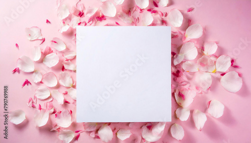 Blank white paper surrounded by scattered pink petals on a soft pink surface. © LADALIDI