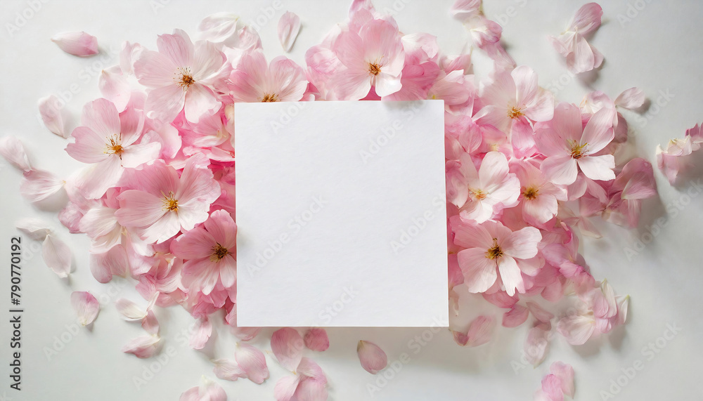 Blank white paper surrounded by scattered pink petals on a white surface. Blank white paper surrounded by scattered pink petals on a white surface.