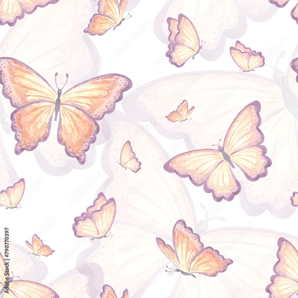 Butterflies delicate Seamless pattern. Watercolor flying insect. Spring summer hand drawn illustration. Tropical wild animals. Drawing endless template for wallpaper, scrapbooking, wrapping, textile.