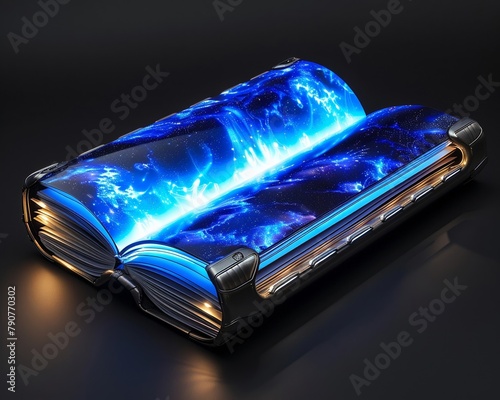 A futuristic book designed with a flexible eink display that rolls up like a scroll, encased in a sleek, metallic smart cover , up32K HD photo