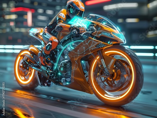 A hightech scene of a motorcycle with holographic display technology, projecting navigation and telemetry data directly into the riders field of vision , unique hyper-realistic illustrations