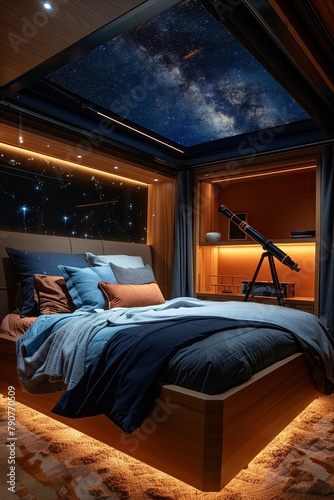 A visionary bed design featuring a retractable roof that opens to reveal the night sky  equipped with a telescope for stargazing before sleep   Prime Lenses