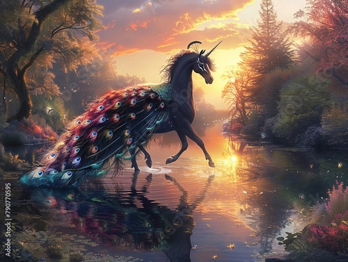 An enchanting hippocampuspeacock hybrid prancing along the edge of a mystical forest pond, its feathers reflecting the colors of the sunset , stock photographic style