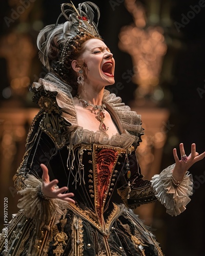 Closeup of an opera singer, dressed in a lavish costume, delivering a passionate aria under the spotlight on a grand stage , Prime Lenses