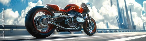 Digital art depicting a motorcycle with adaptive suspension that automatically adjusts to road conditions, enhancing rider comfort and safety , 3DCG photo