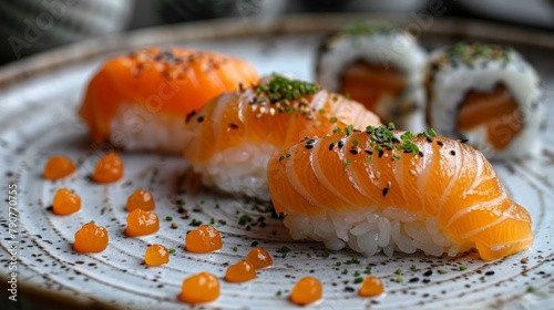 pieces of Japanese sushi on a white small round