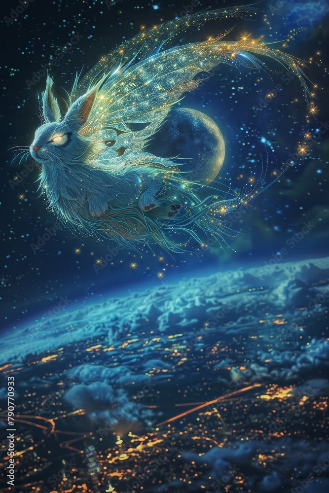 A conceptual design of a moon rabbitlynx with wings made of moonbeams, soaring above the Earth, watching over the night travelers below , unique hyper-realistic illustrations