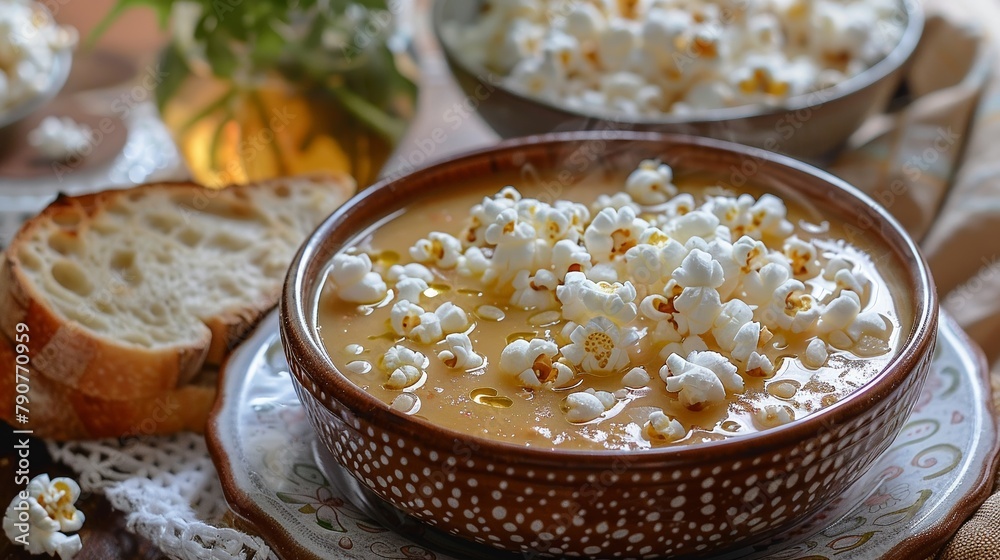 A cozy table setting with a steaming bowl of popcorn soup, accompanied by a side of crusty bread, perfect for dipping , stock photographic style A cozy table setting with a steaming bowl of popcorn soup, accompanied by a side of crusty bread, perfect for dipping , stock photographic style
