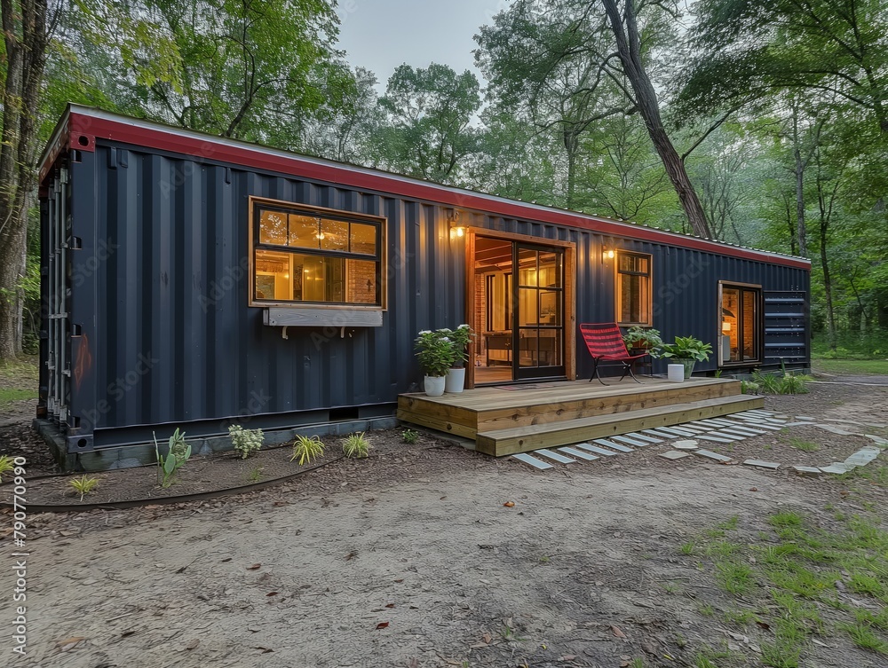 A black home with a red roof and a white door. The home is surrounded by trees and has a porch A black home with a red roof and a white door. The home is surrounded by trees and has a porch