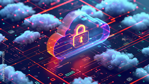 Futuristic Cloud security concept with cloud technology symbols and padlocks, representing data protection and cyber security in a cloud computing environment.