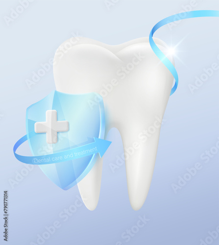 Dental care and treatment by specialized doctors Realistic illustration of a tooth with a glass shield. Media to hospitals, dentists, bone health vitamins. Realistic 3D vector files.