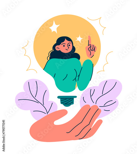 Woman hold finger up generate idea, solve problem