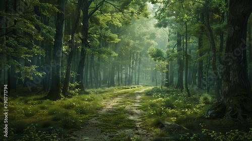 Lush green forests and woodland settings landscapes  photo