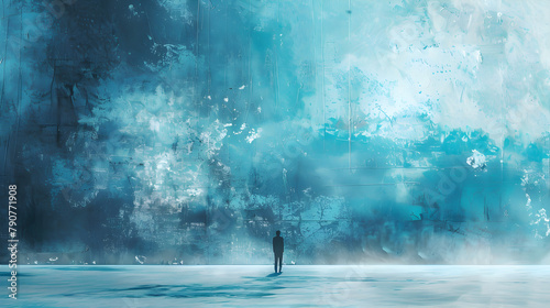 Abstract Blue Artwork with a Lone Figure Contemplating the Textured Expanse