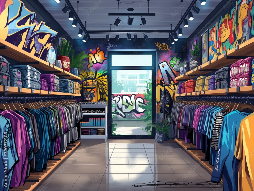 A store with a graffiti wall and a window with a plant. The store is full of clothes and the window is open